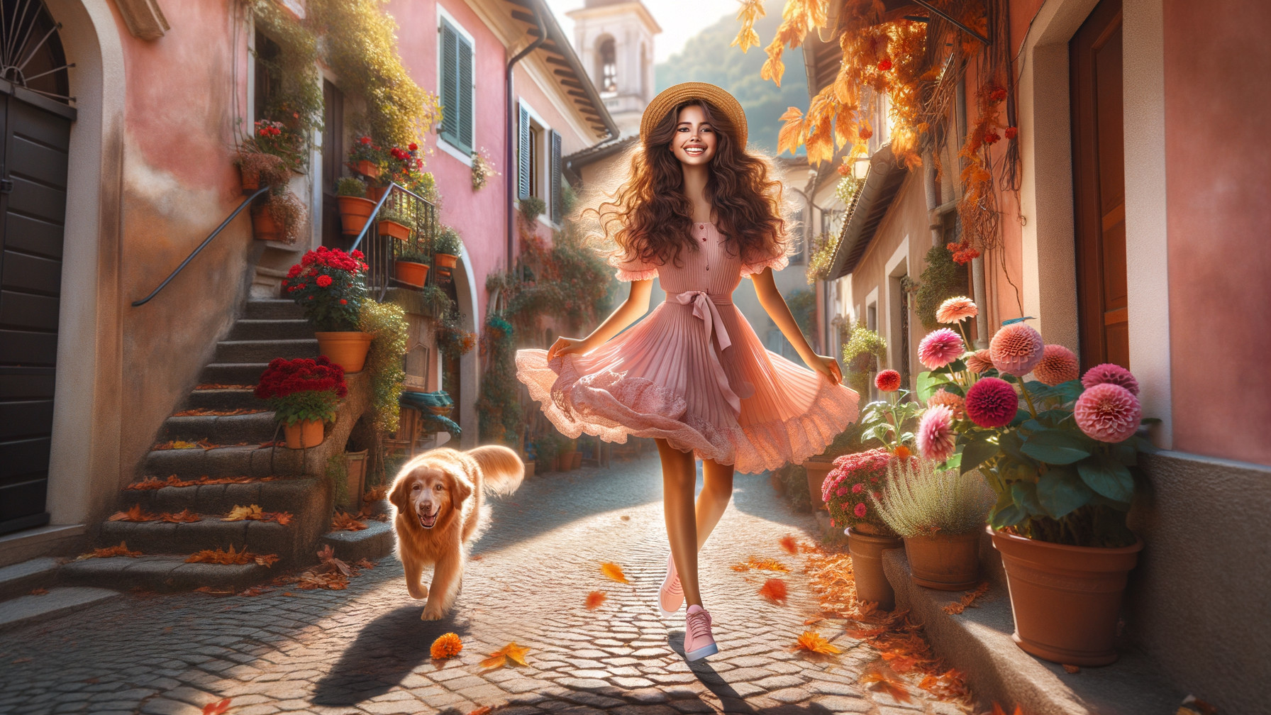 Cheerful Woman in Pink Dress on Cobblestone Street