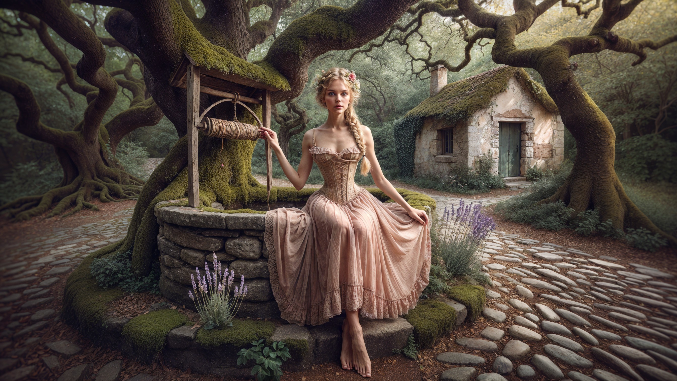 Serene Forest Scene with Young Woman by Stone Well