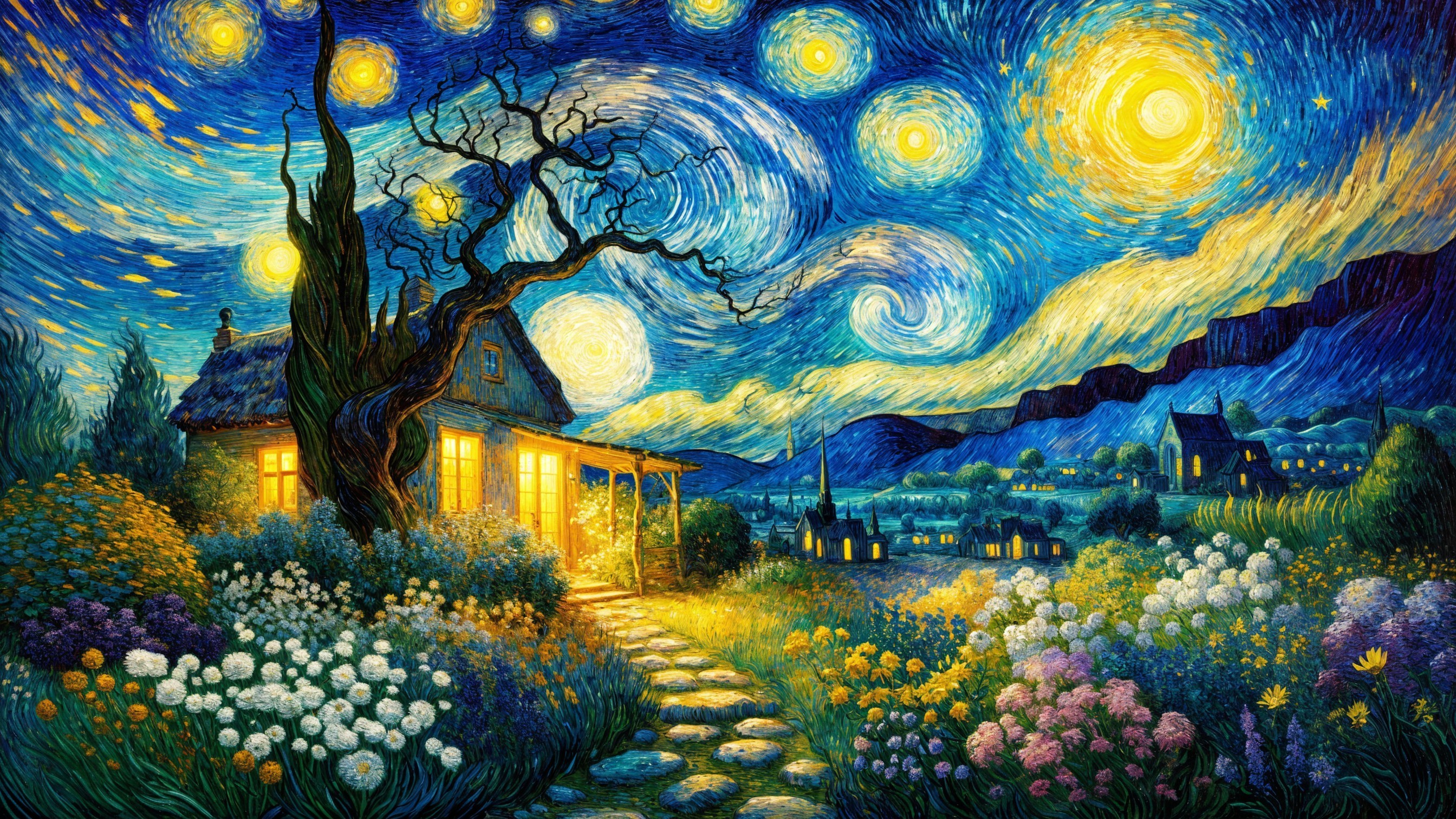 Cozy Cottage in a Whimsical Nighttime Landscape