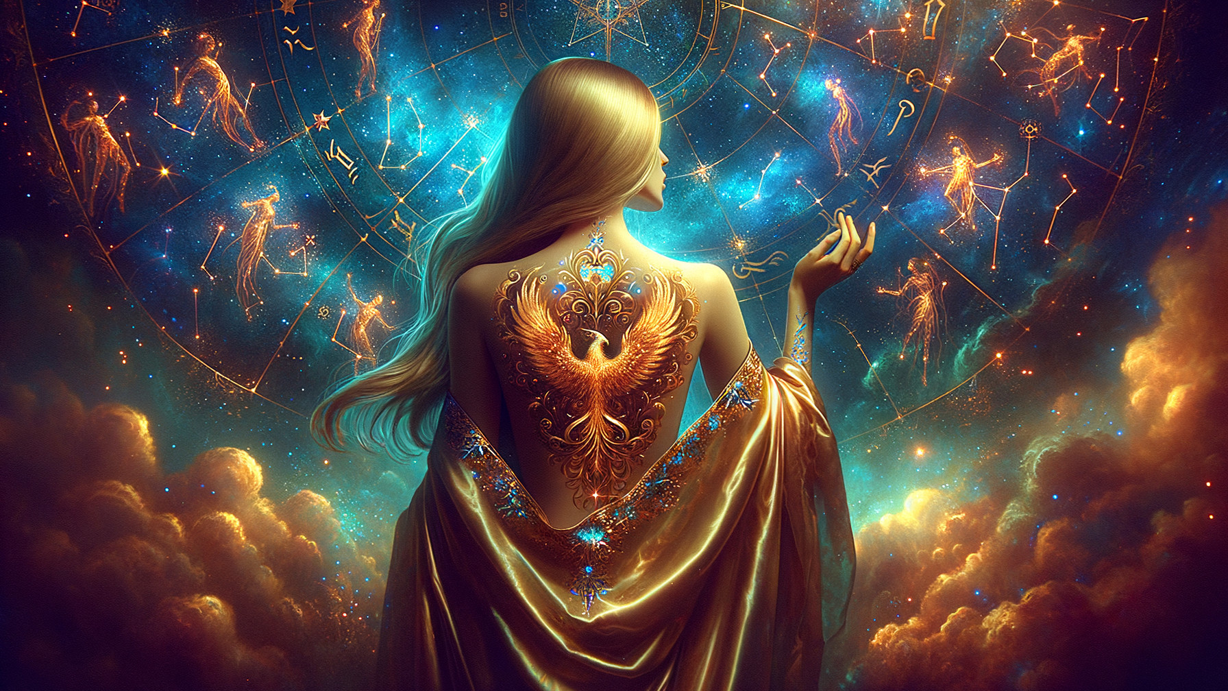 Ethereal Figure with Phoenix Tattoo and Celestial Scene