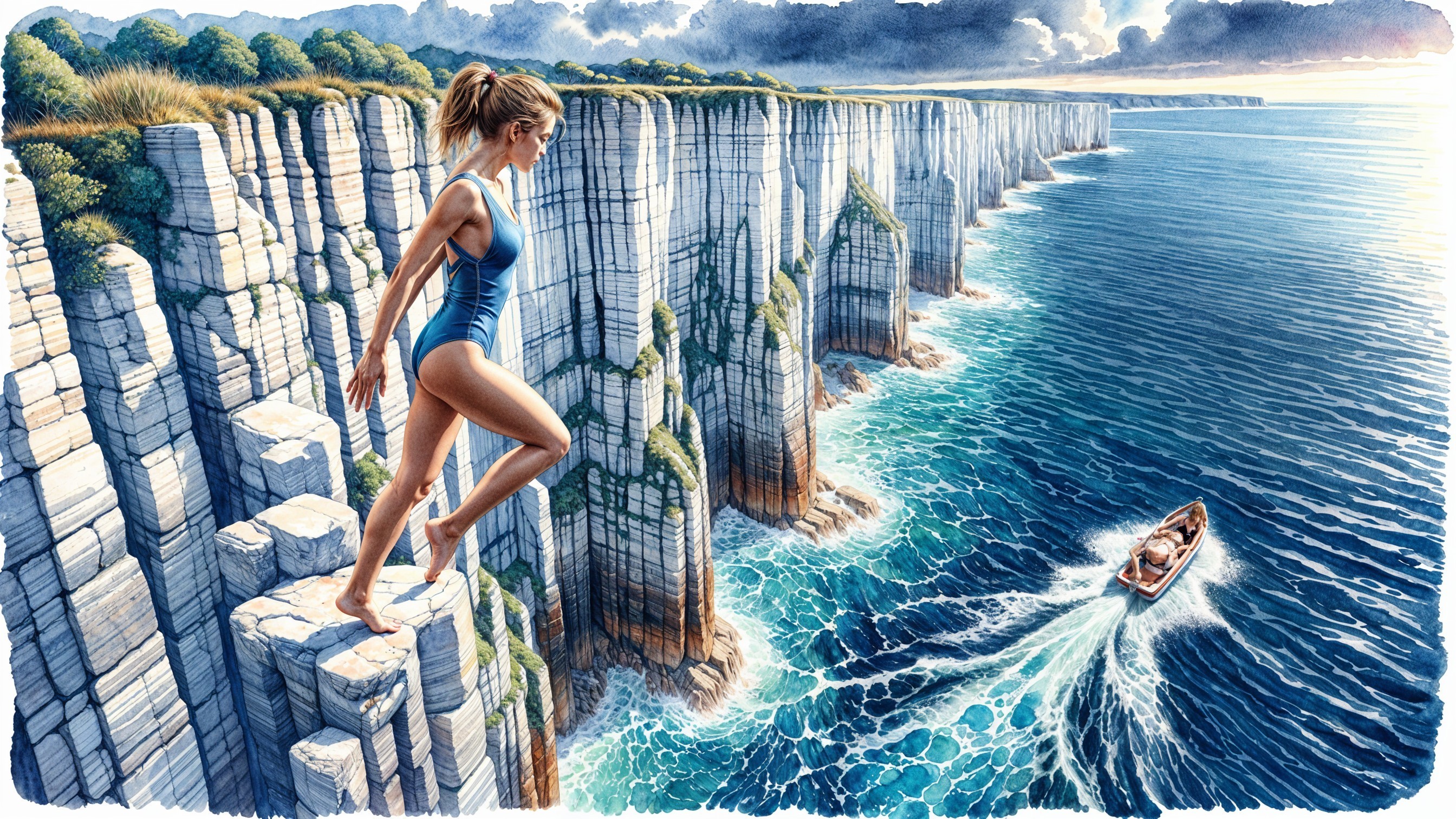 Young woman on cliff overlooking vibrant blue sea