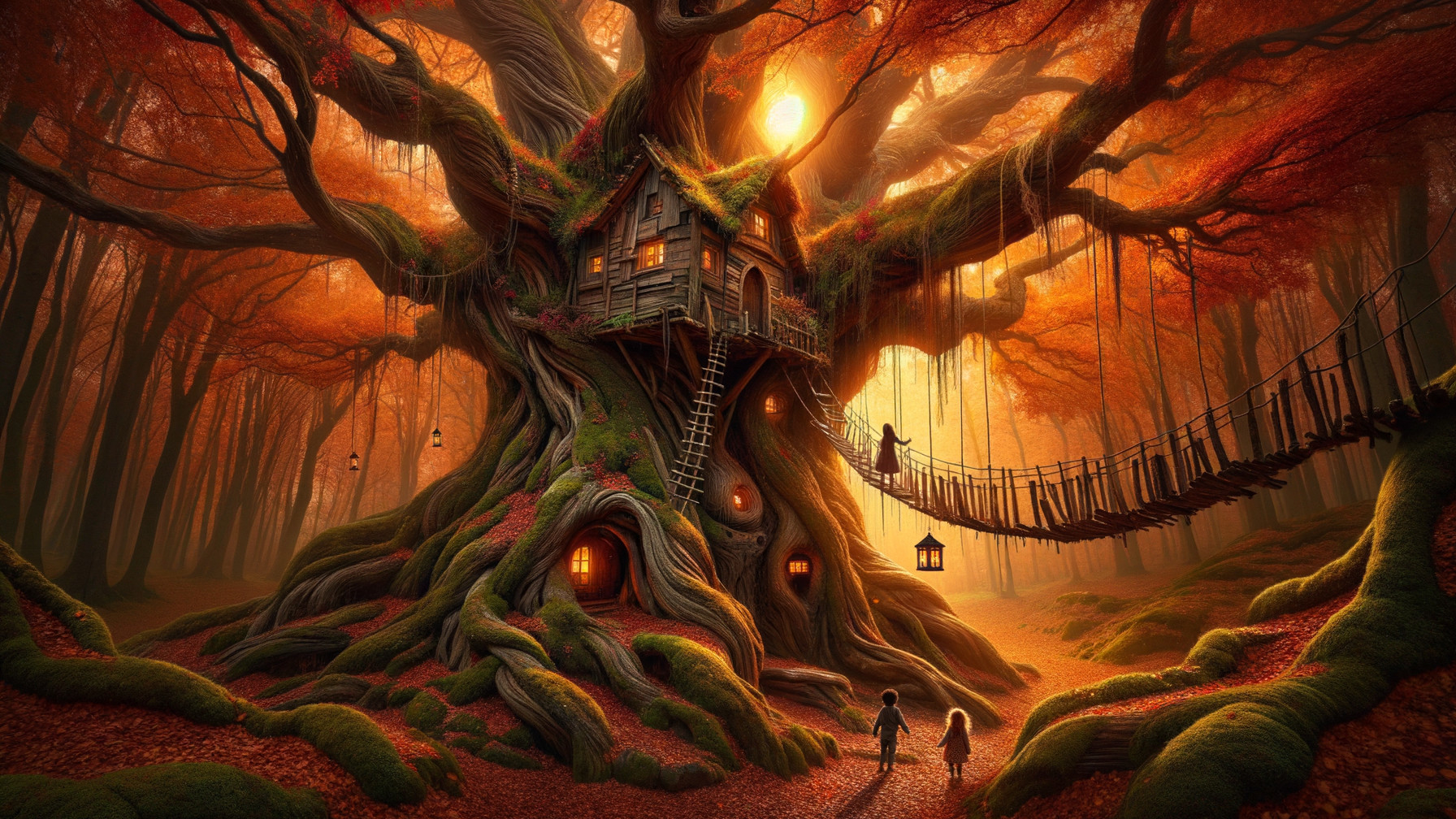 Ancient Tree with Treehouse in Vibrant Forest Setting