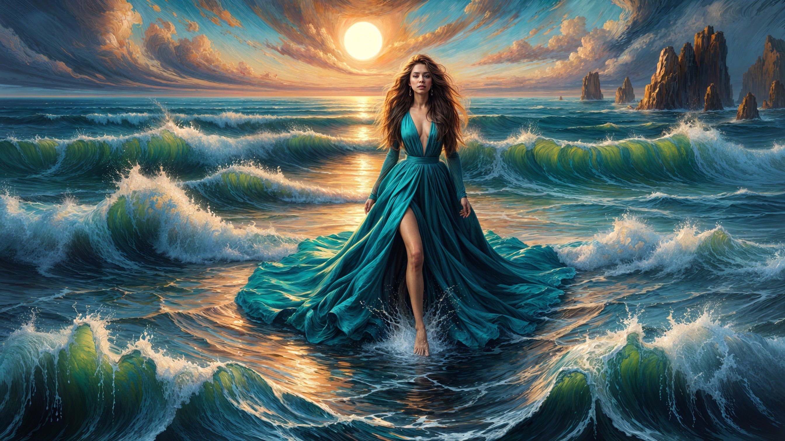 Woman in teal gown by the ocean at sunset