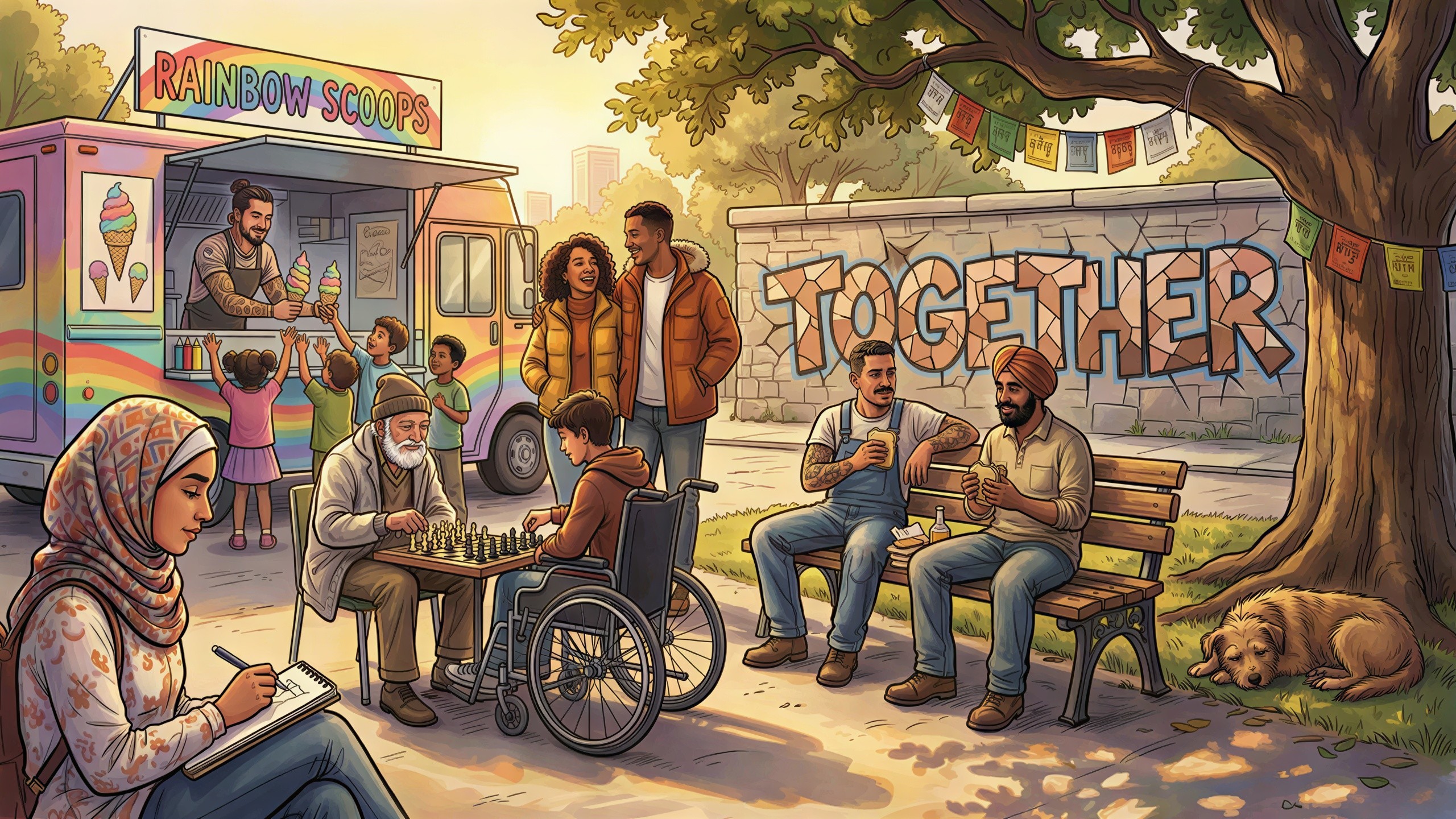 Vibrant Community Scene with Ice Cream Truck Activities