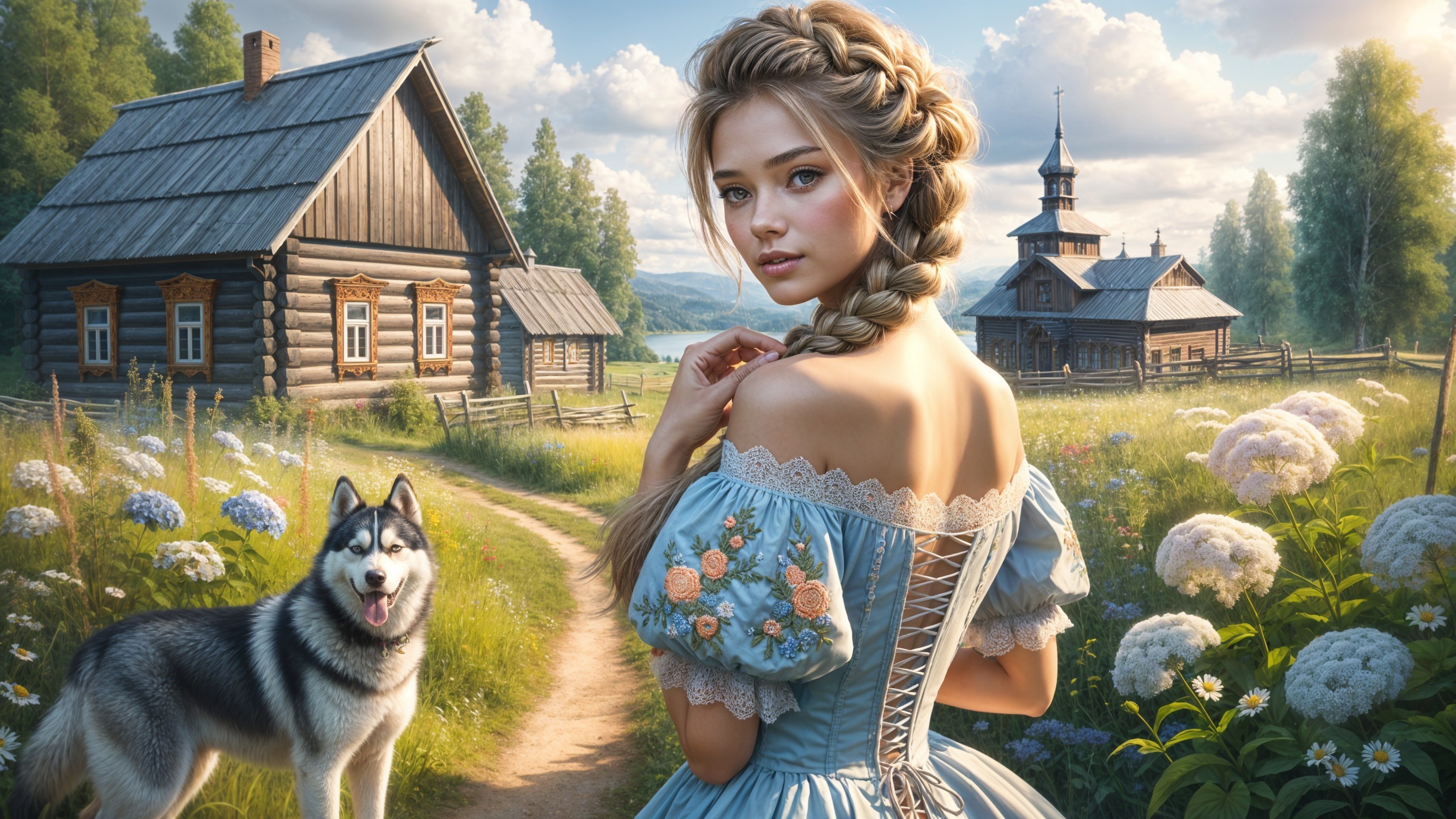 Young woman in blue dress in sunlit meadow with dog