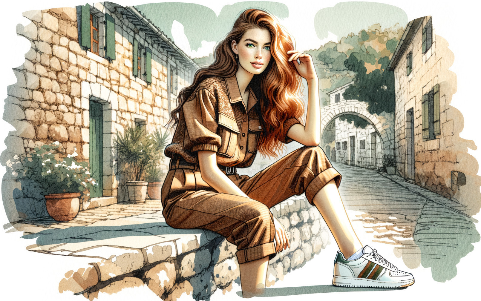 Fashionable woman in beige jumpsuit on cobblestone street