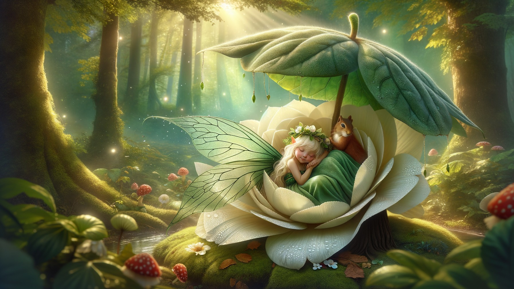 Fairy in Flower Surrounded by Forest Creatures