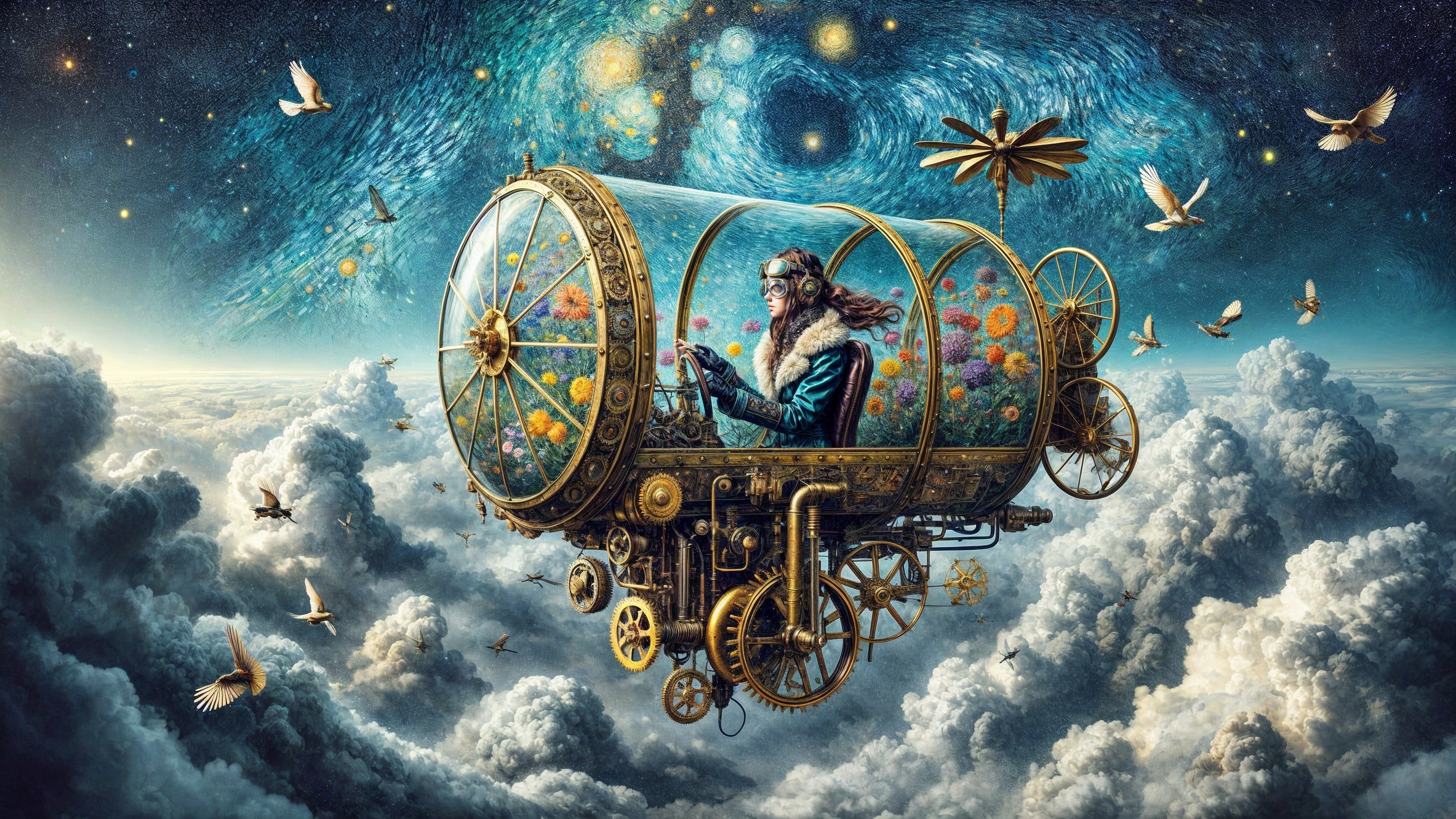 Whimsical Steampunk Airship in Celestial Sky