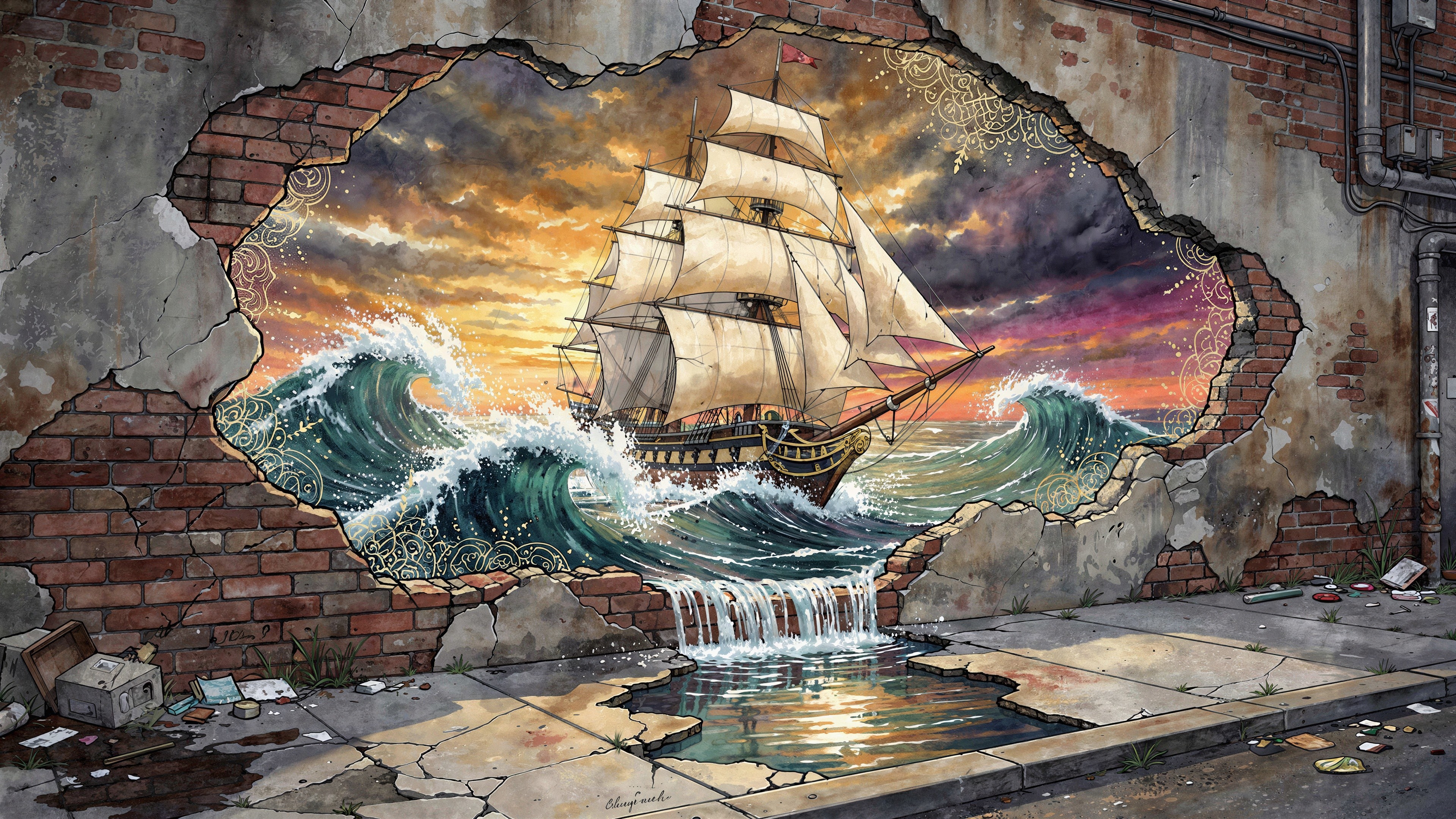 Colorful mural of a ship on a weathered brick wall