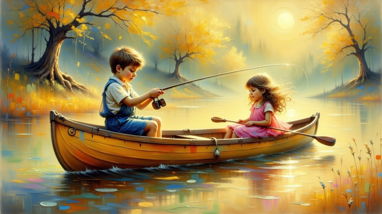 Children Fishing in a Wooden Boat on a Calm Lake