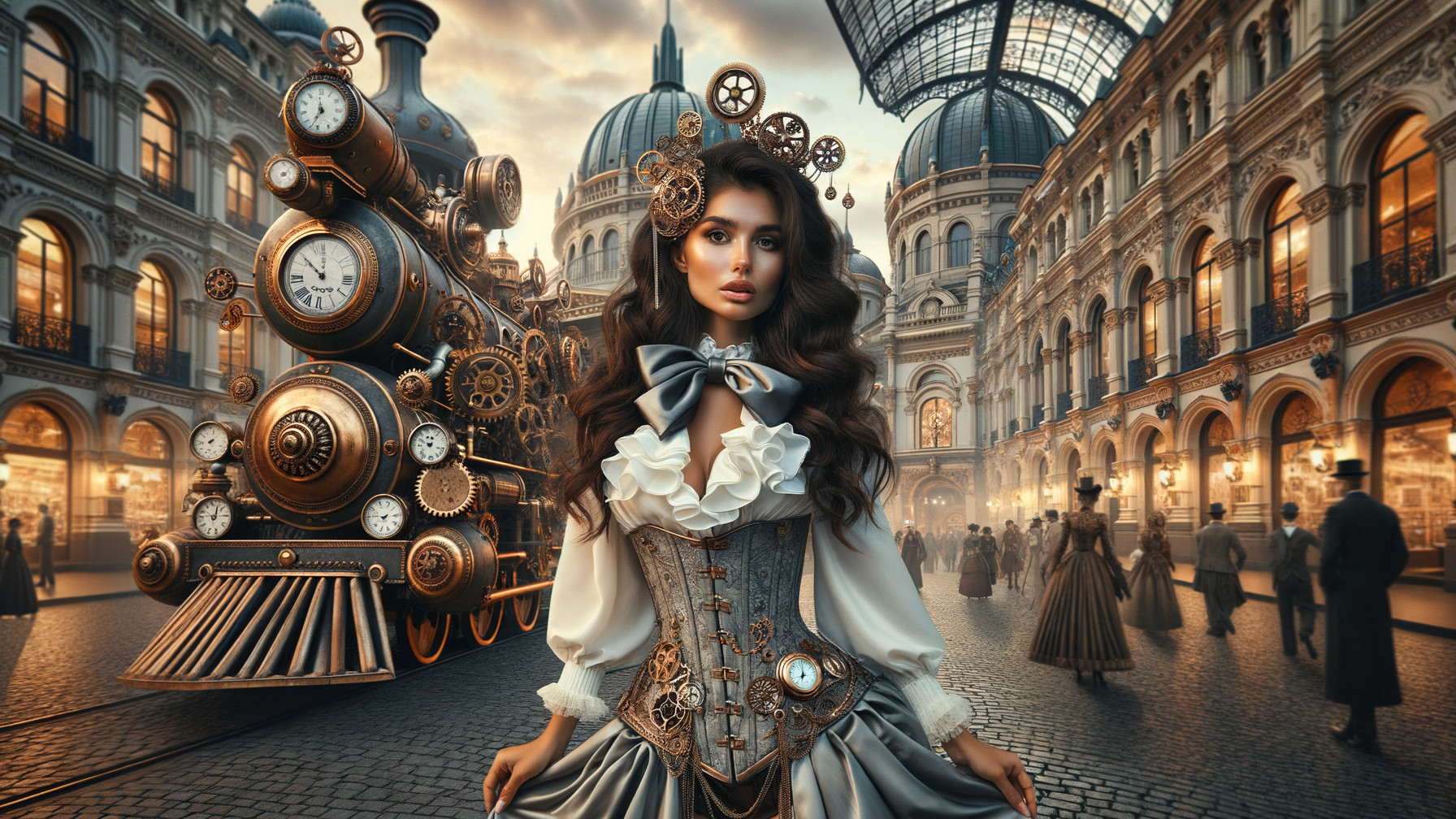 Steampunk Street Scene with Vintage Train and Fashion