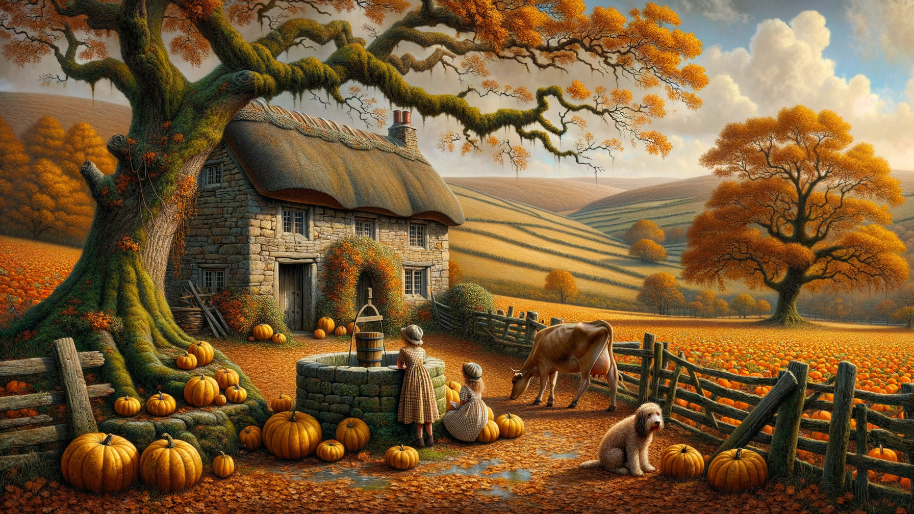 Autumn Landscape with Cottage and Children Observing Cow
