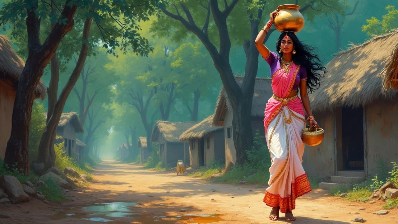 Woman in Traditional Attire on Village Pathway