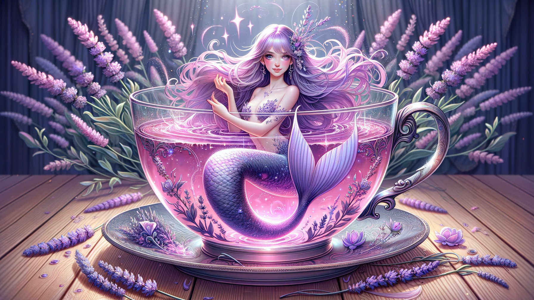 Mermaid in Teacup Surrounded by Lavender Flowers