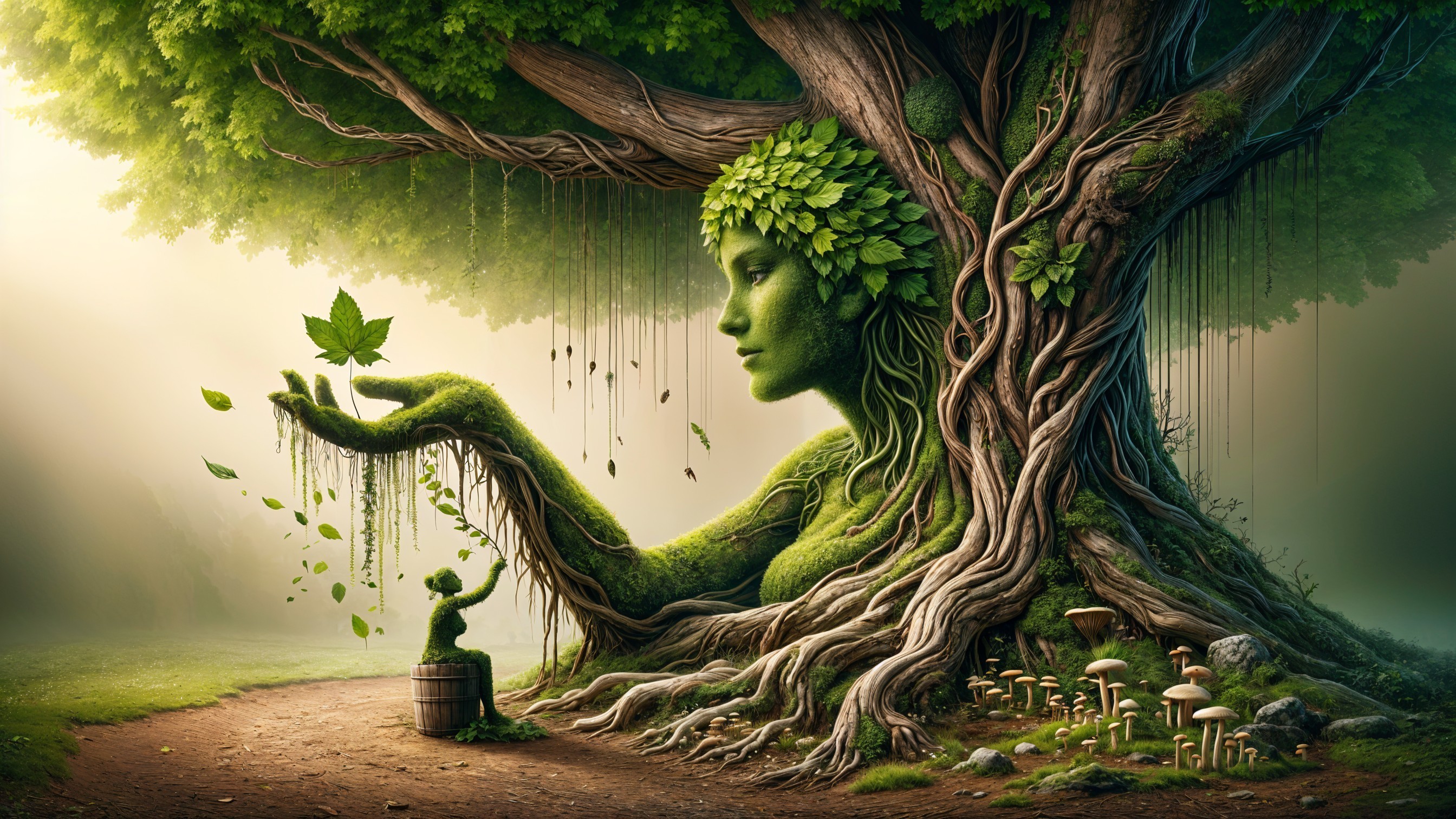 Majestic Tree with Woman's Face and Nature Elements