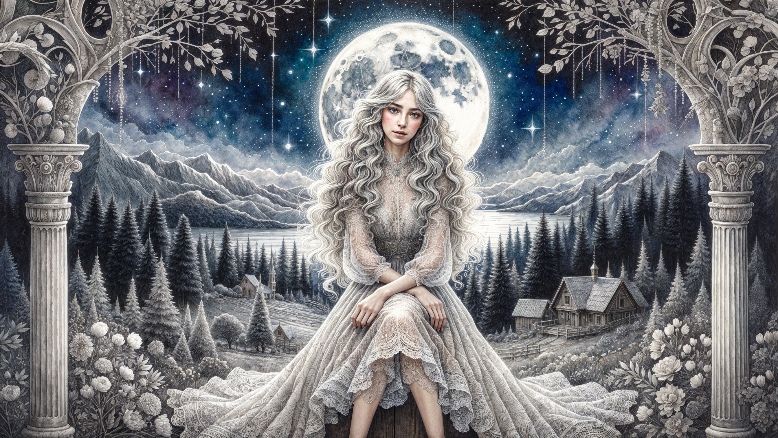Young Woman in Lace Gown Under Glowing Moonlight