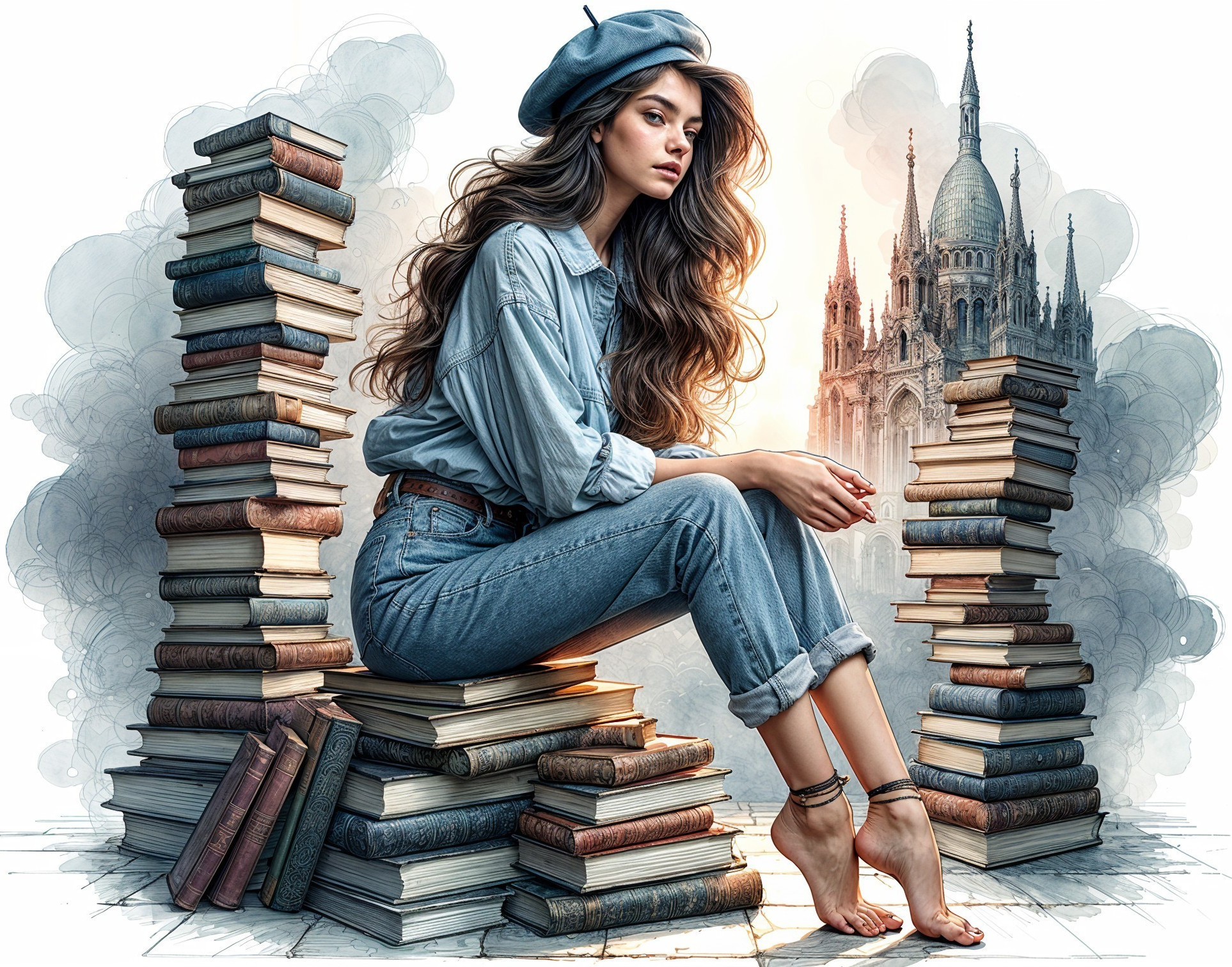 Young woman in denim among towering stacks of books