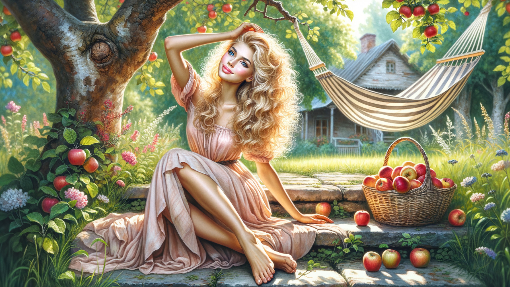 Woman in Pink Dress in a Serene Garden Setting