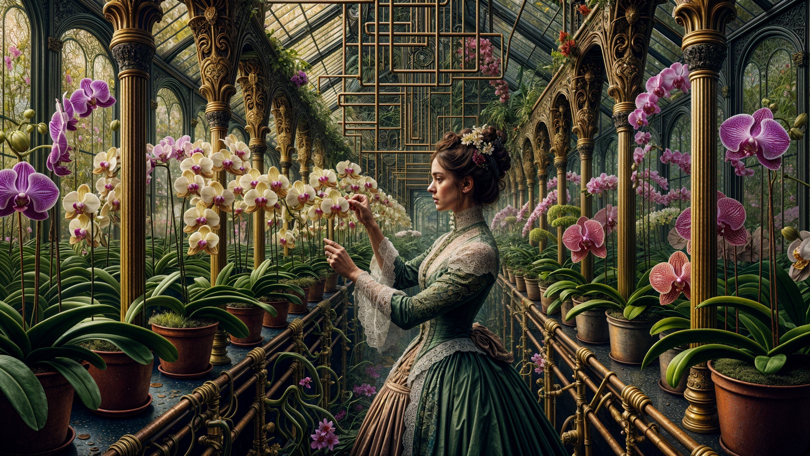Woman in Vintage Gown Tending Vibrant Orchids