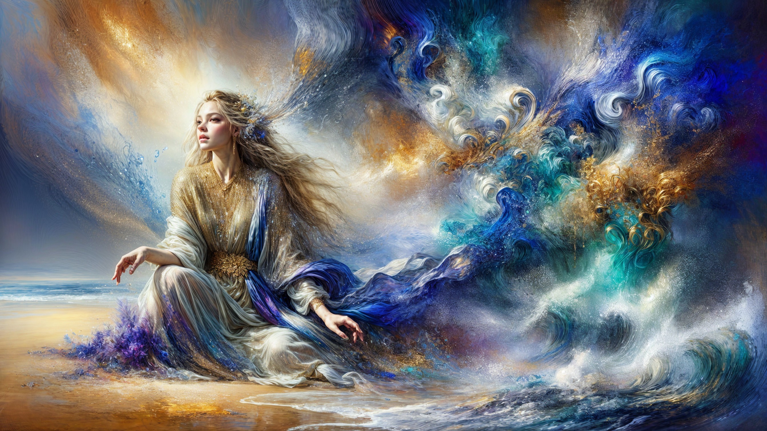 Serene Figure on Shoreline with Vibrant Sky and Waves