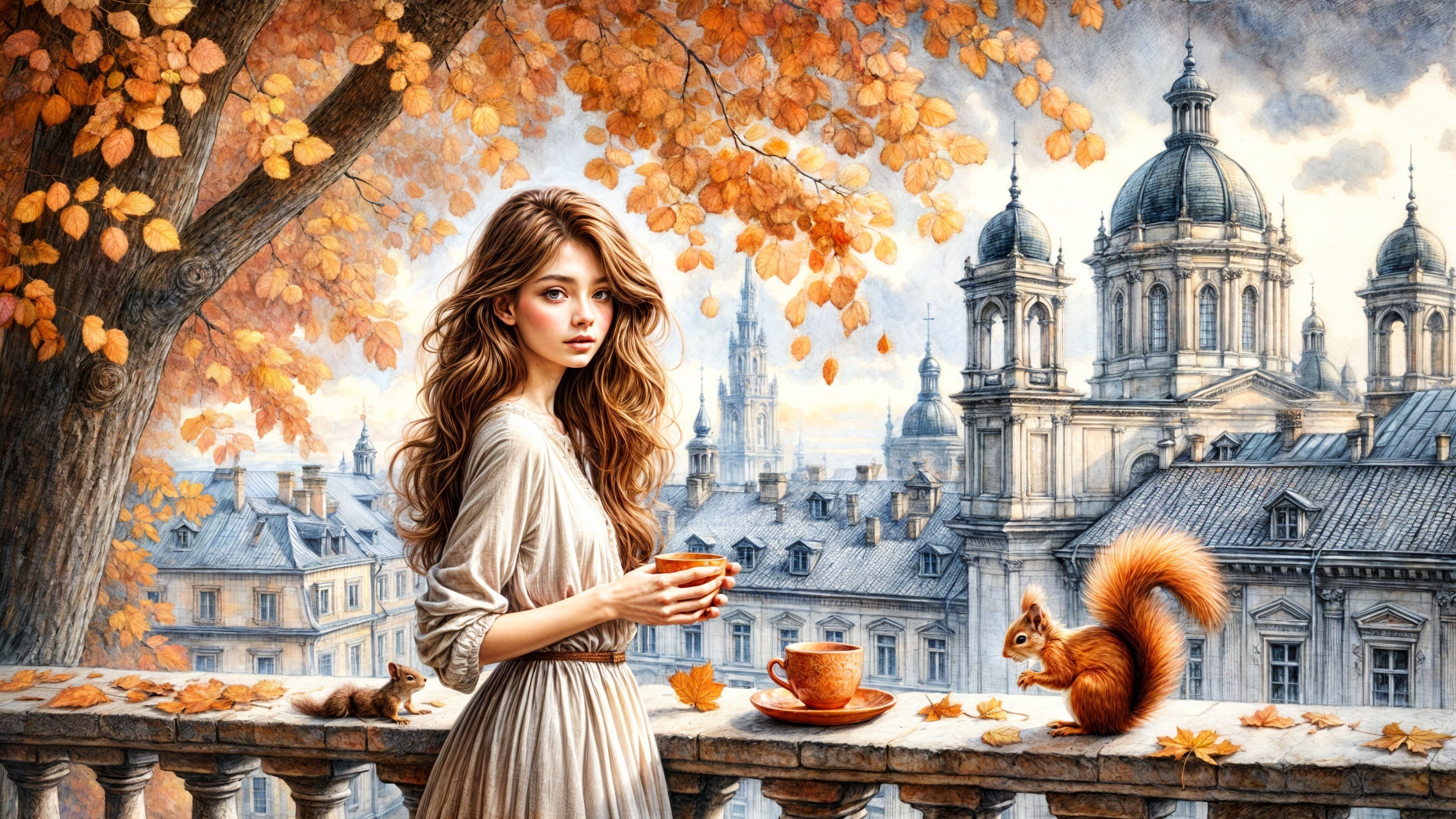 Young woman on balcony with tea and autumn leaves