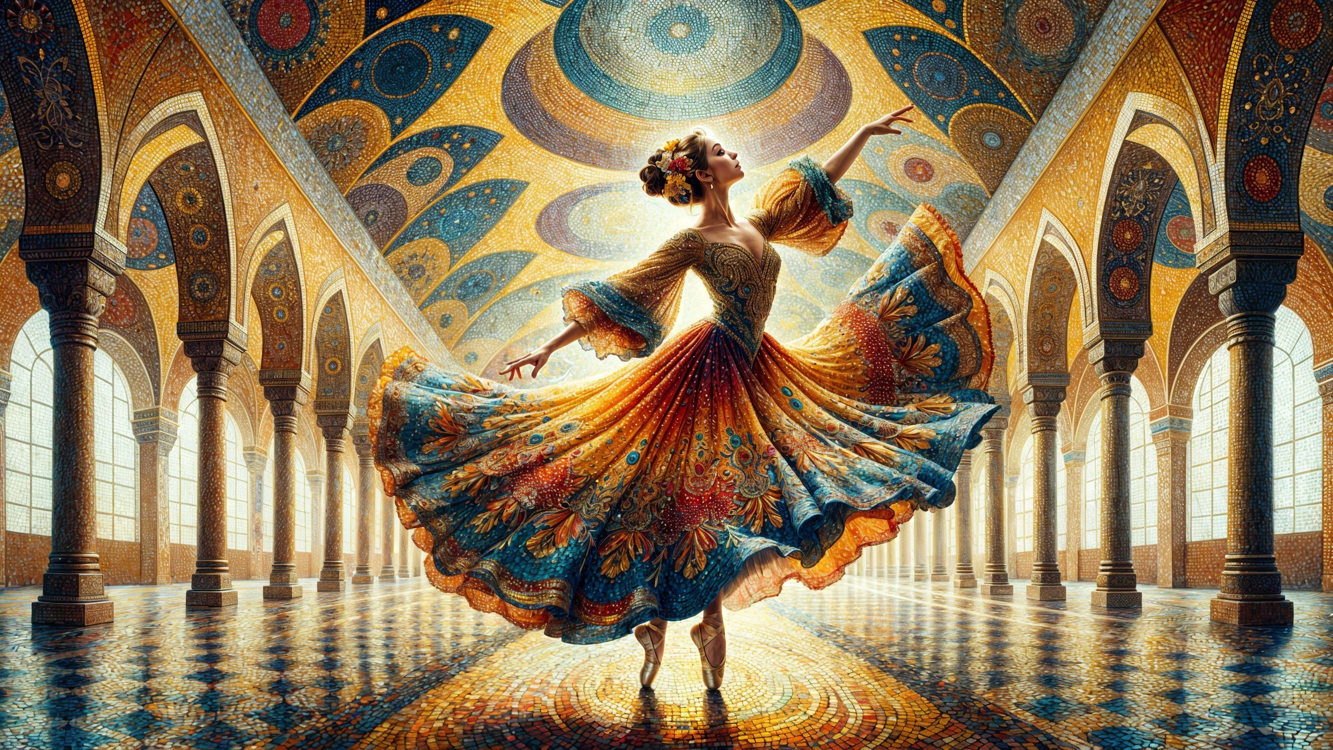 Dancer in Vibrant Gown Amidst Majestic Architecture