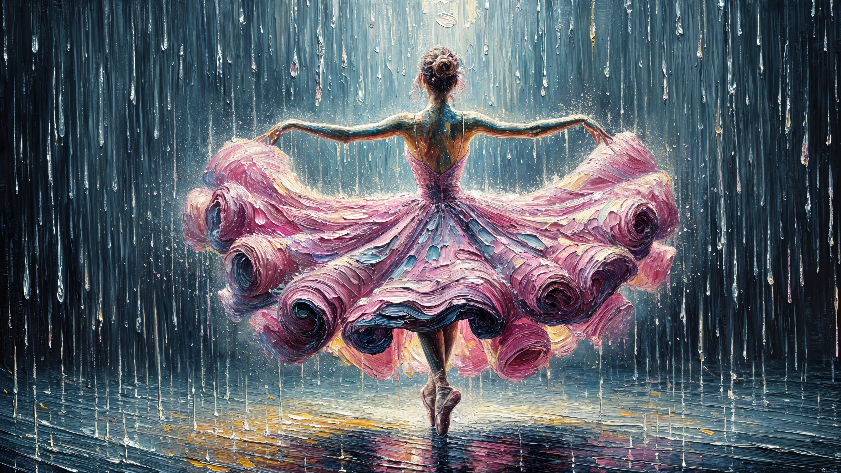 Dancer in Pink Dress Twirling in Rainy Atmosphere