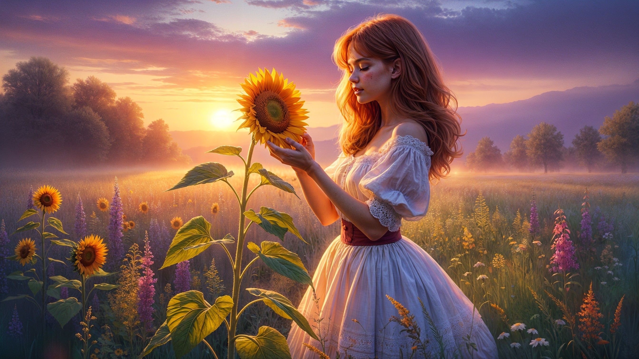 Young Woman in White Dress in Sunflower Field at Sunset