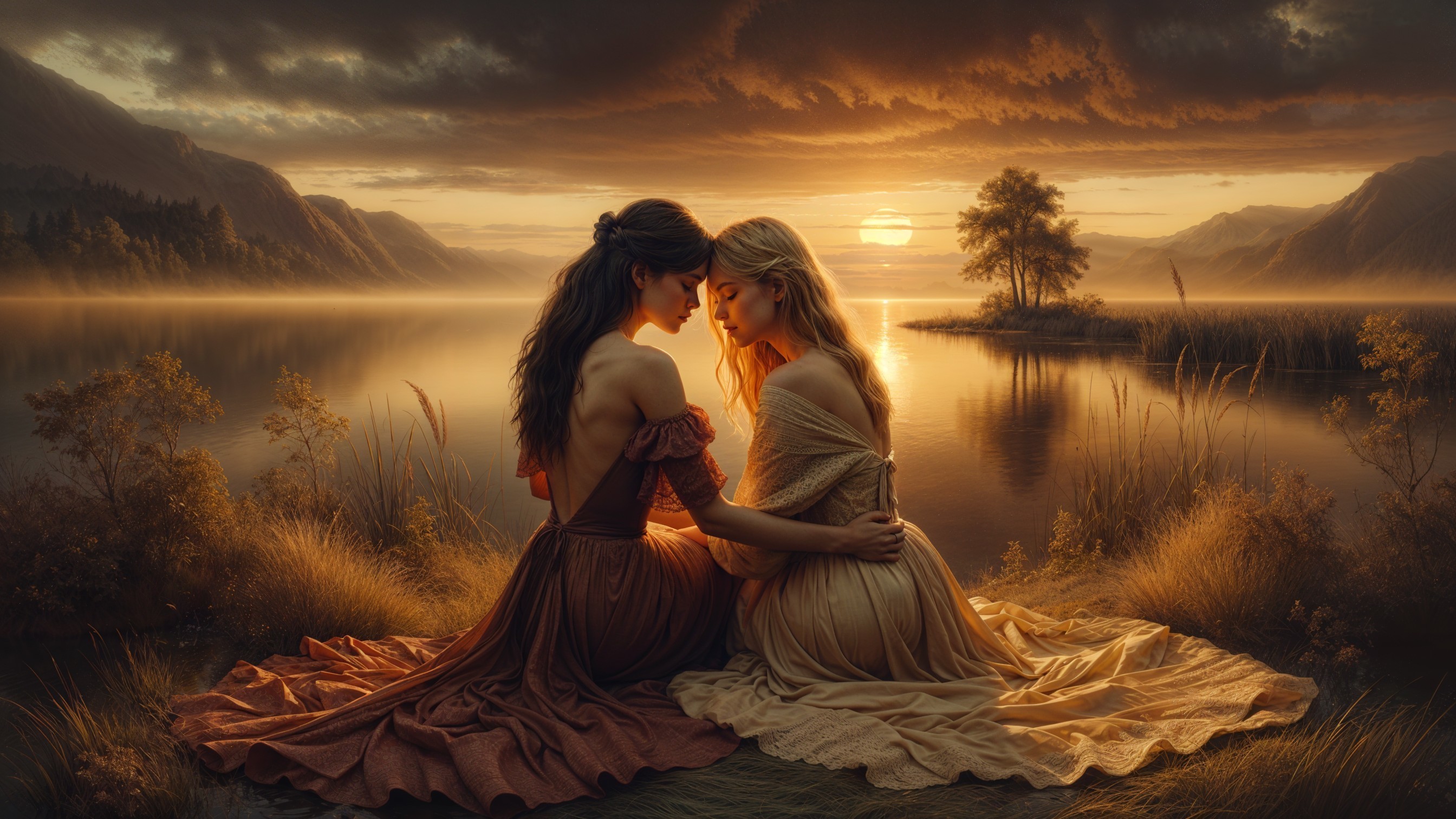 Serene Sunset Scene by a Tranquil Lake with Two Women