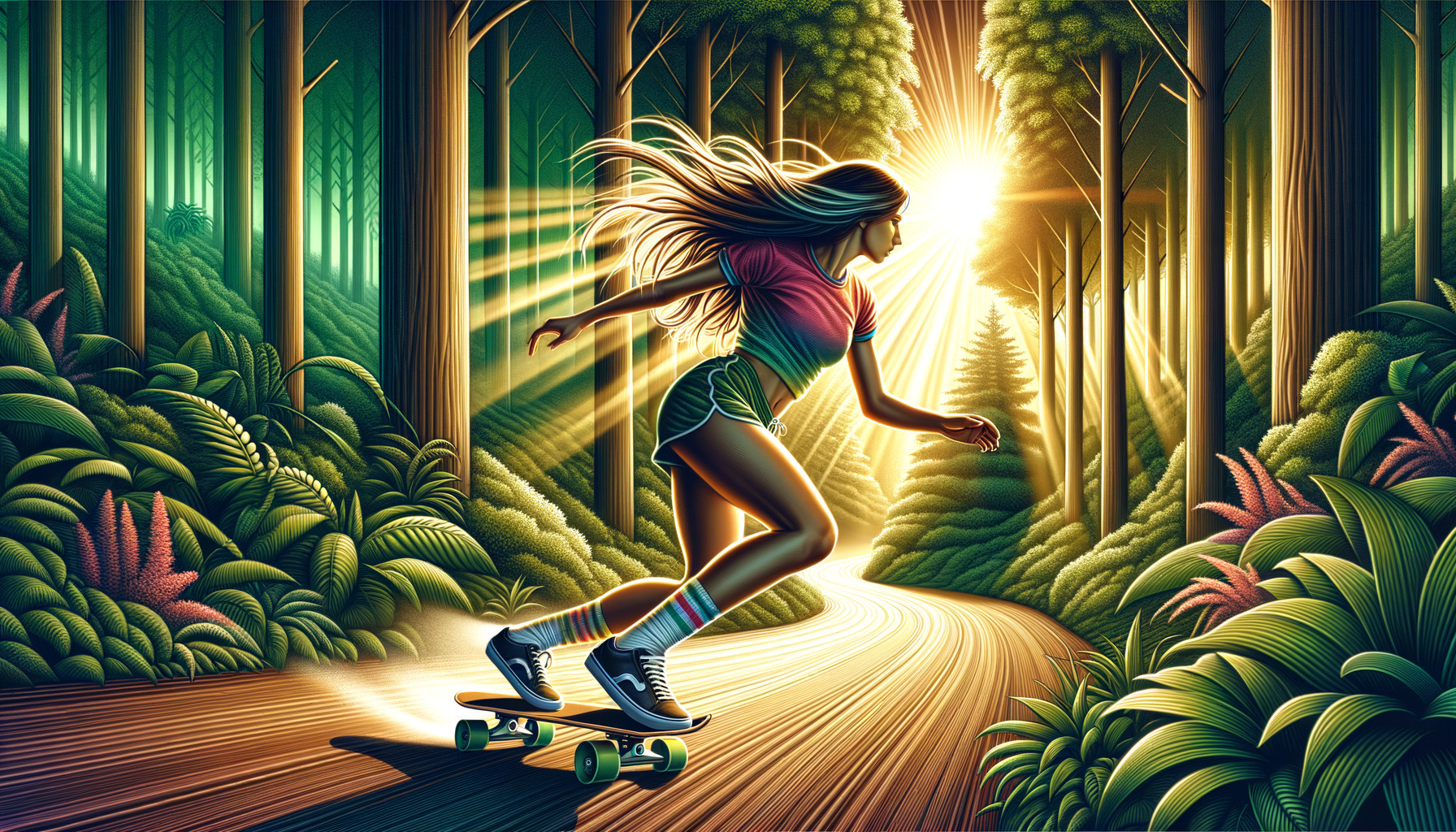 Young woman skating in a vibrant forest setting