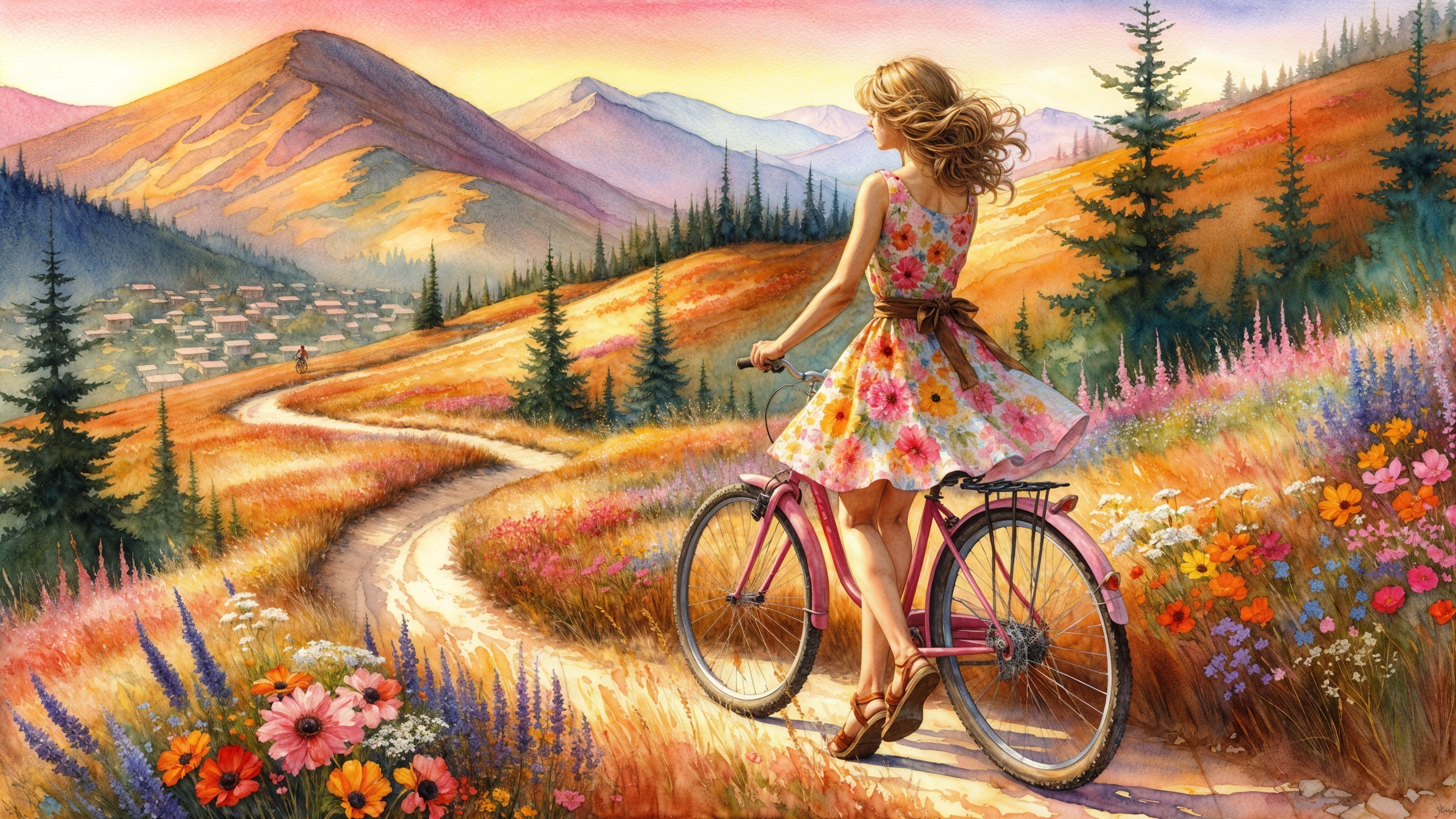 Woman in Floral Dress by Pink Bicycle in Scenic Landscape