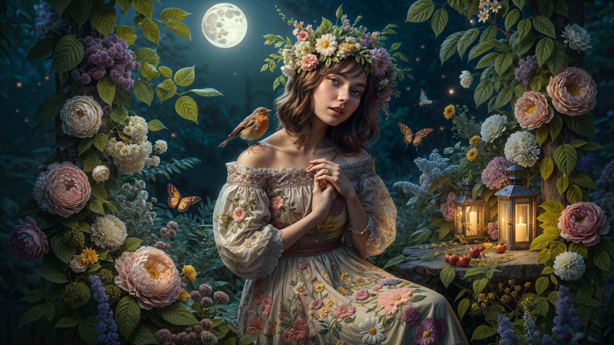Moonlit Garden Scene with Floral Crown and Lanterns