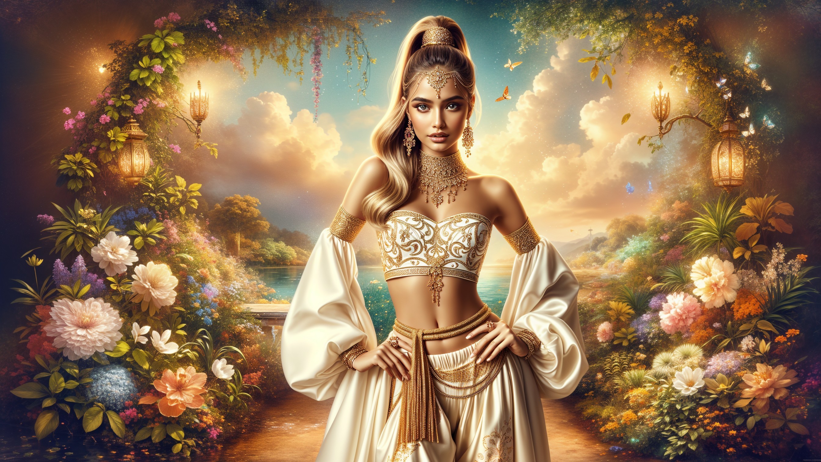 Elegant Woman in Floral Setting with Lanterns