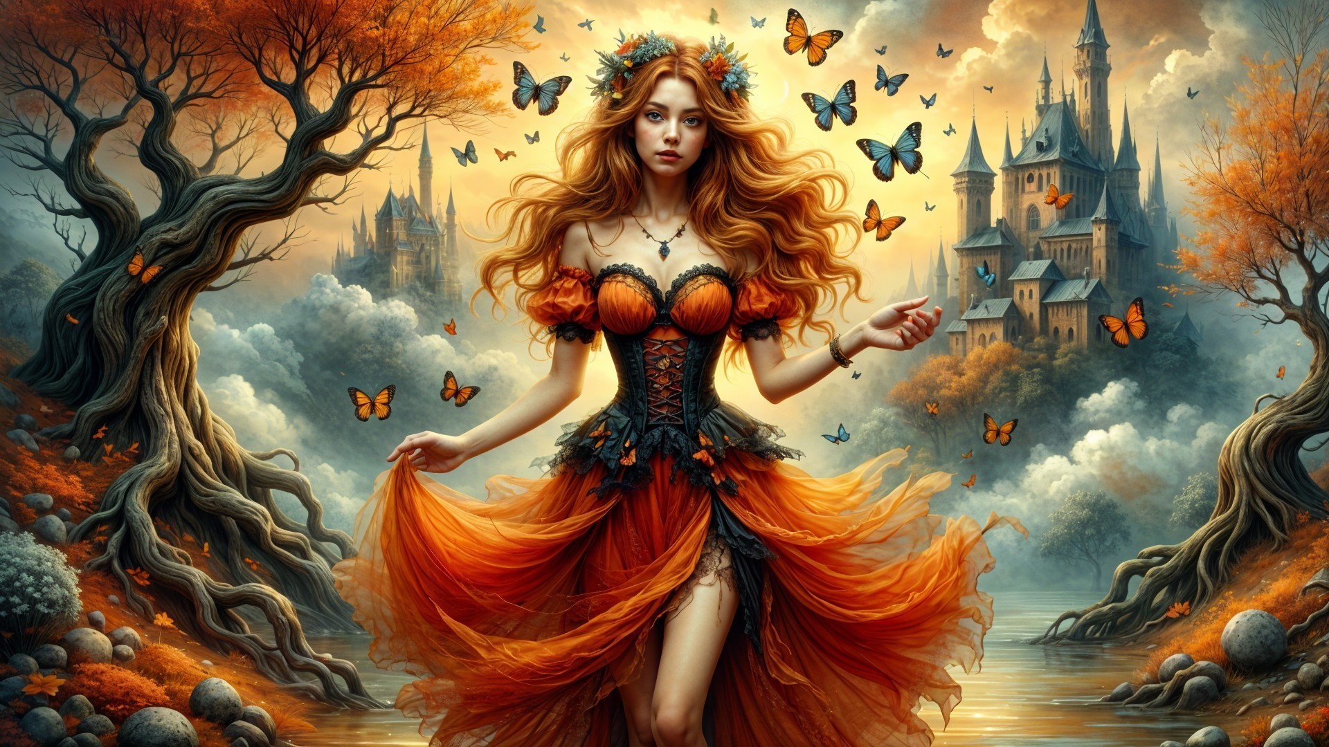 Woman in Orange Gown in Enchanted Landscape Scene