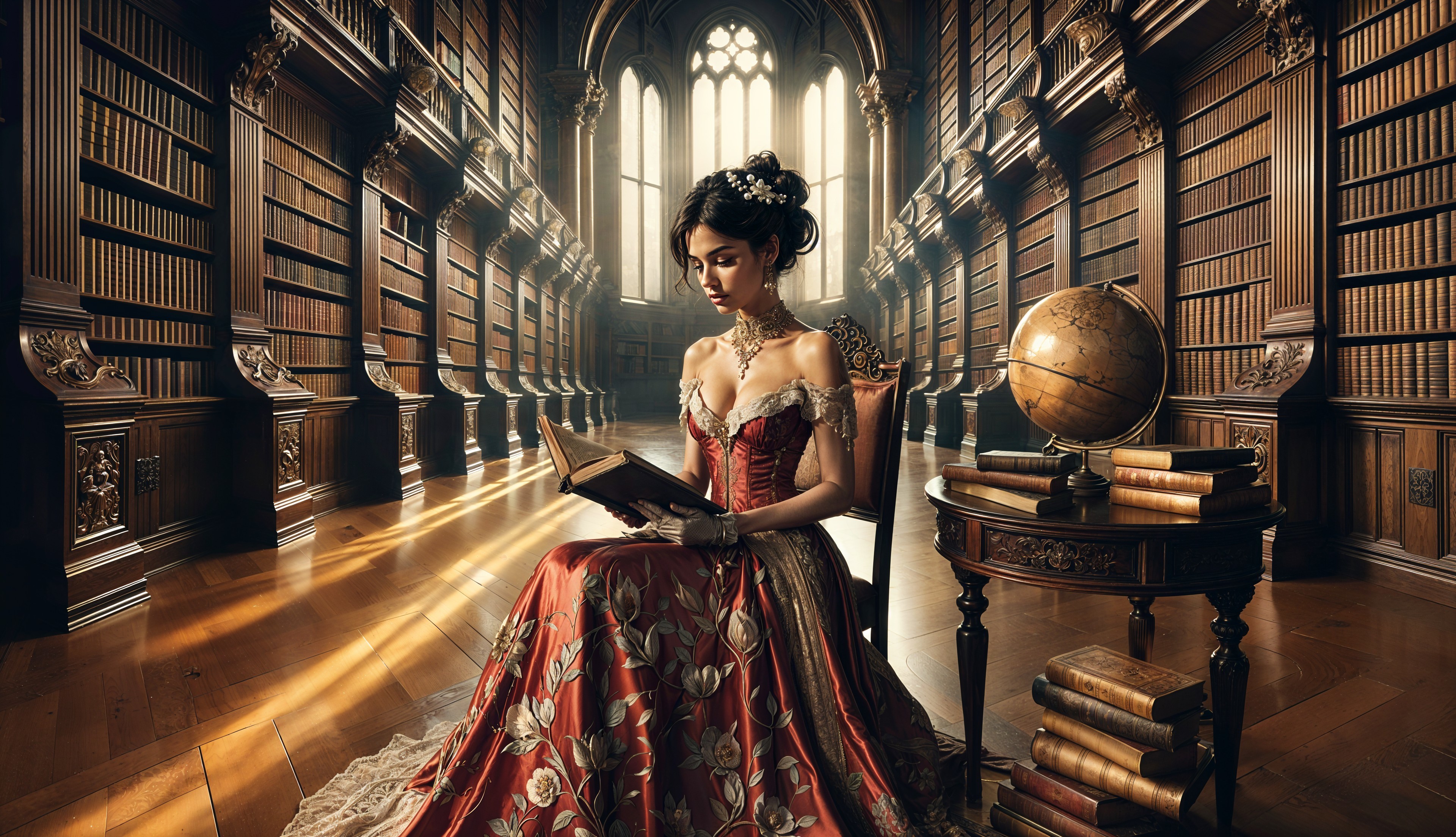 Victorian Woman in Opulent Library Reading a Book