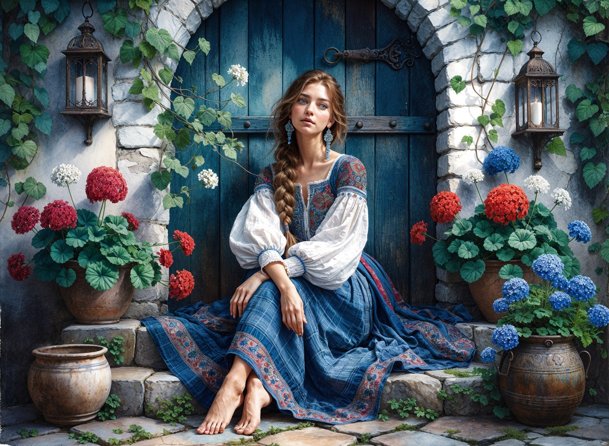 Young Woman in Traditional Dress on Stone Steps