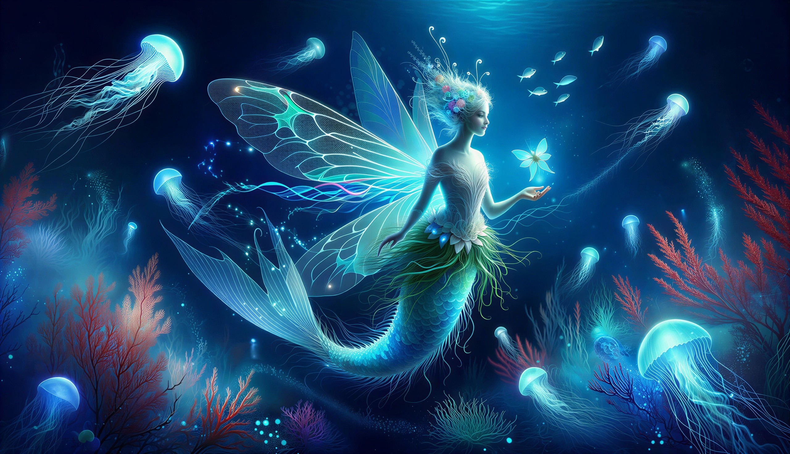 Blue-Skinned Siren with Bioluminescent Features