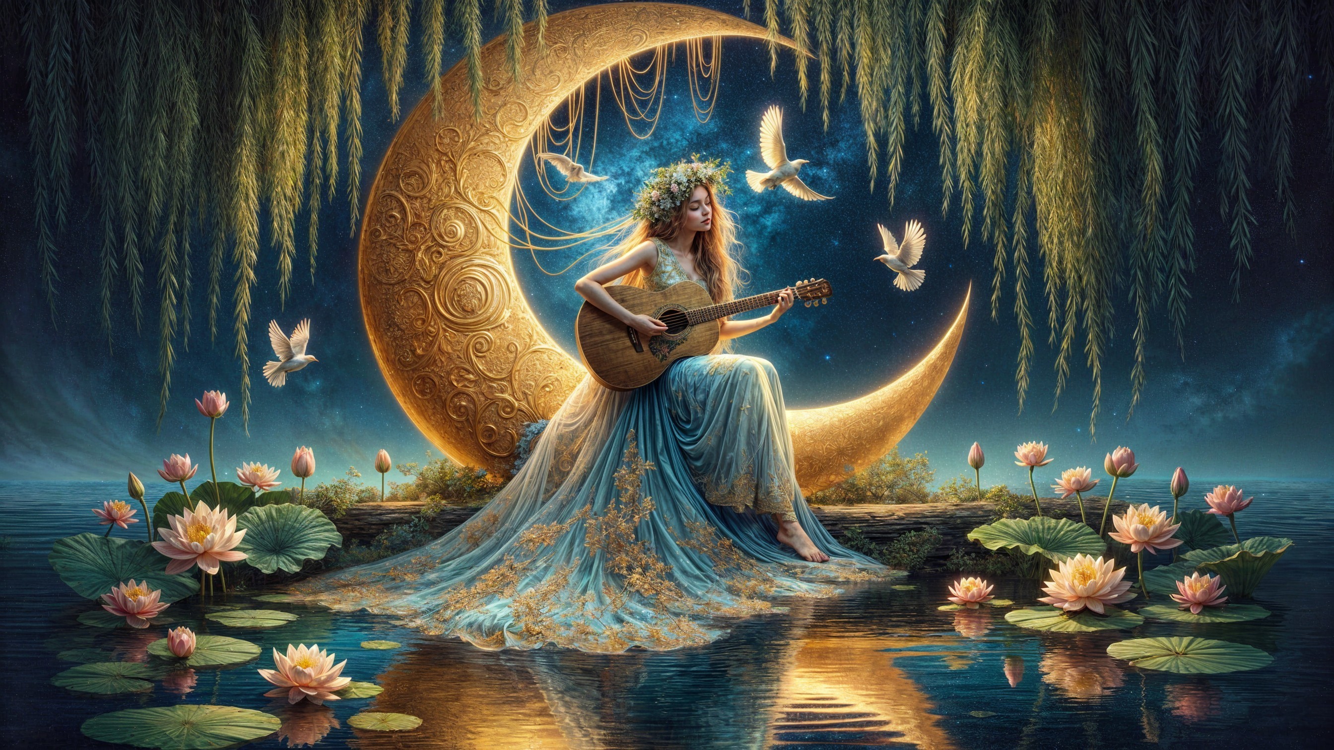Woman Playing Guitar by Crescent Moon and Water Lilies