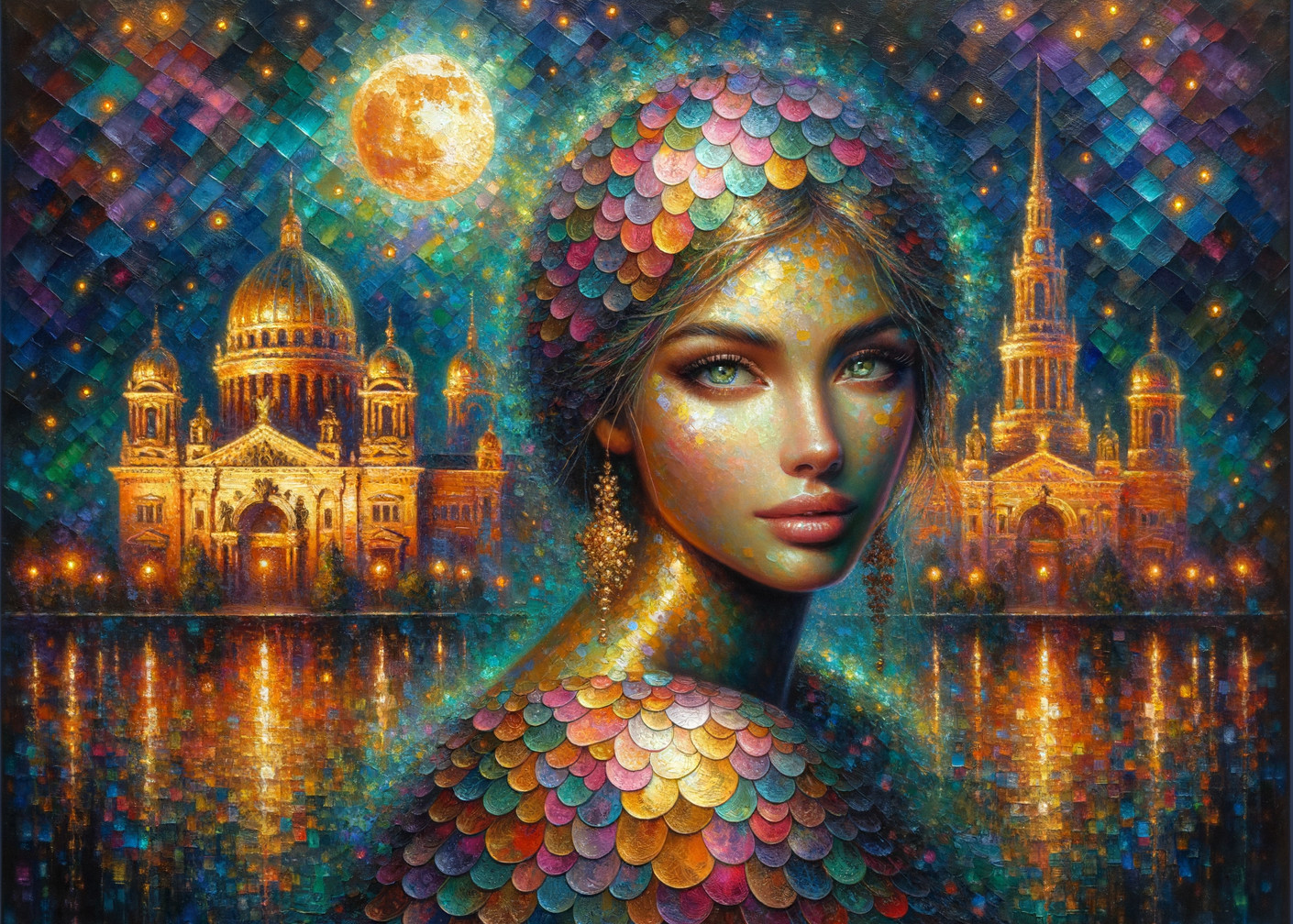 Enchanting Woman in Dreamy Cityscape at Night