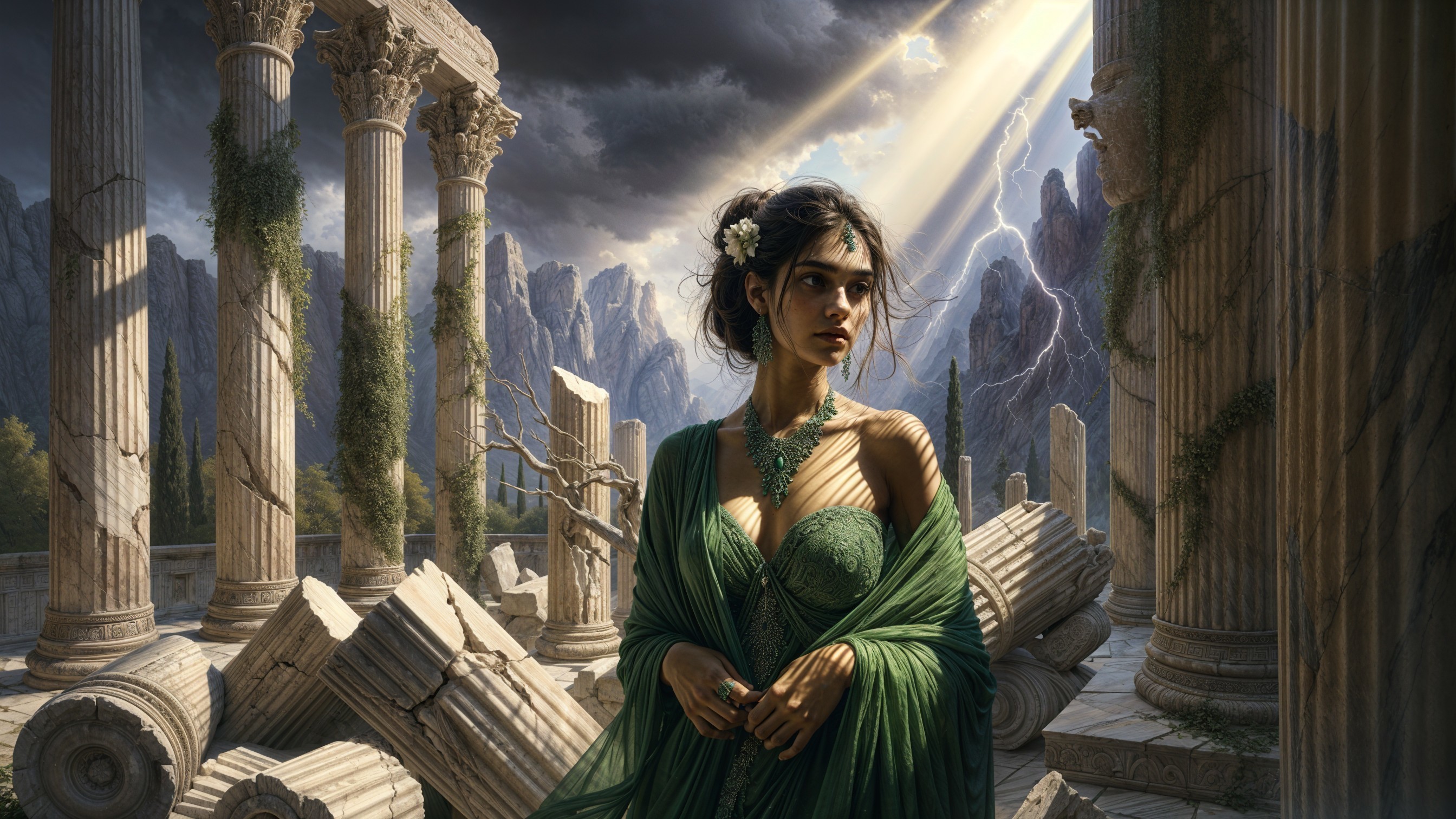 Mysterious Woman in Green Gown Among Ancient Ruins
