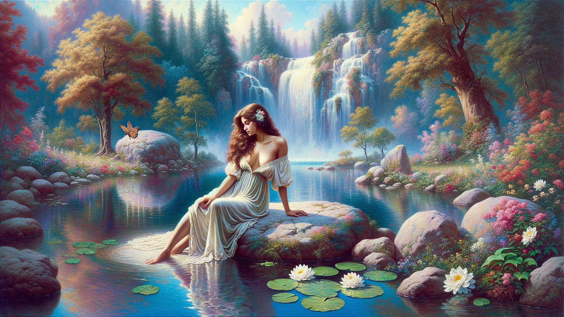 Serene Woman in White Dress by Tranquil Pond