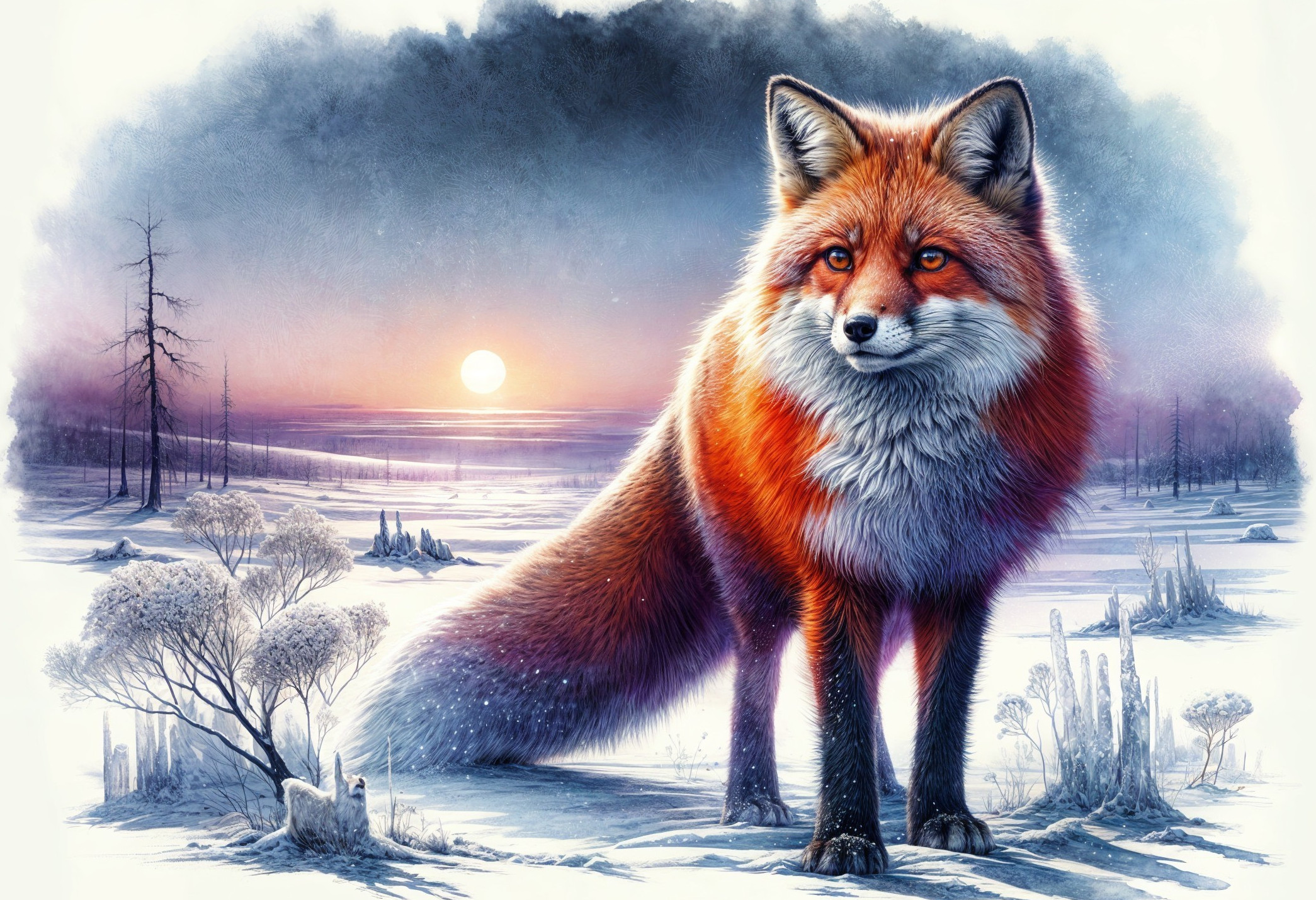 Red Fox in Snowy Landscape at Sunset