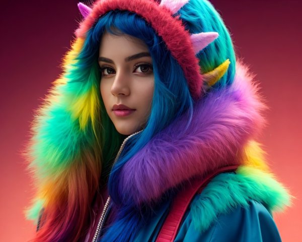 Young woman with colorful hair and playful outfit