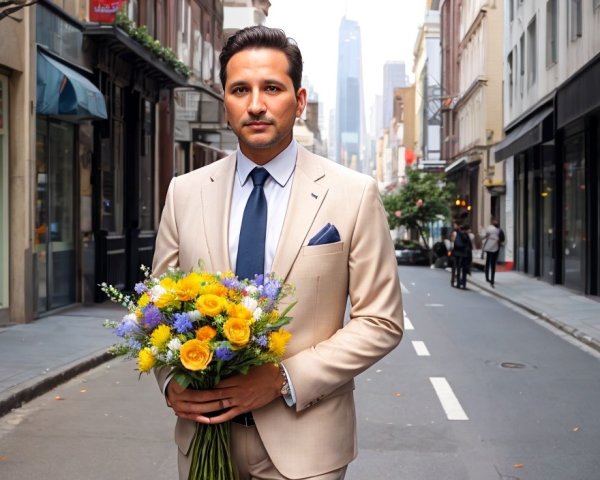 Confident Man in Beige Suit with Colorful Bouquet