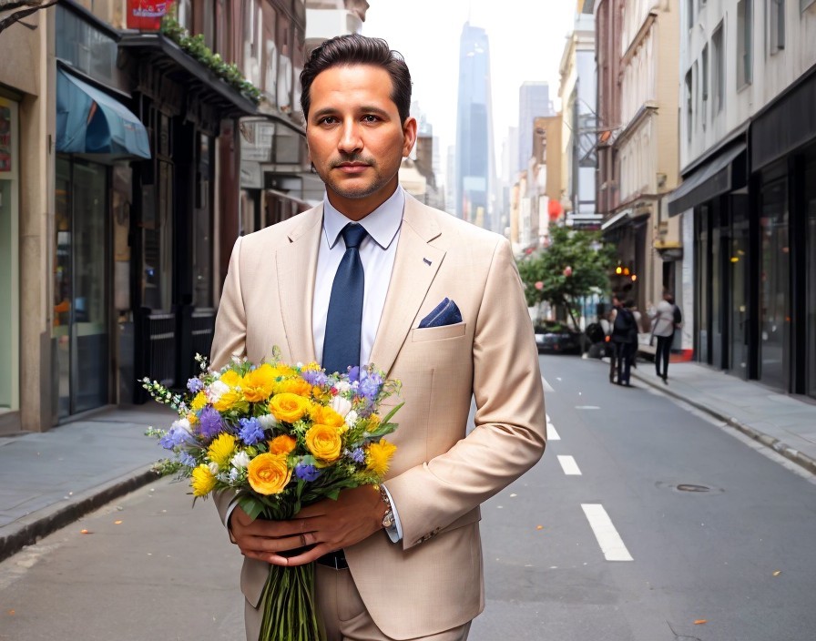 Confident Man in Beige Suit with Colorful Bouquet