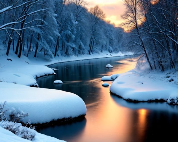 Serene Winter Landscape with Flowing River and Snow