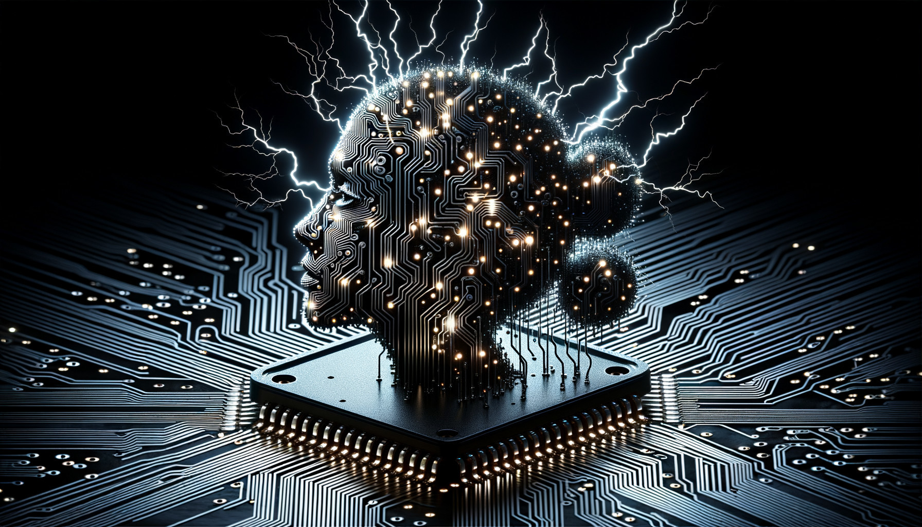 Stylized Human Head with Circuit Patterns and Electricity