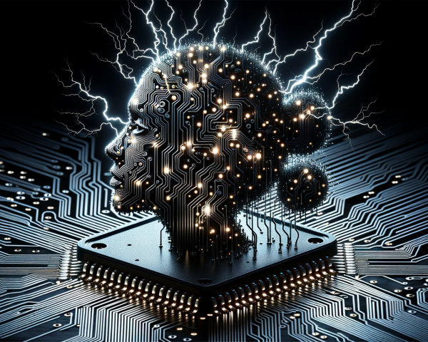 Stylized Human Head with Circuit Patterns and Electricity