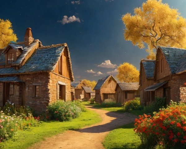 Picturesque Village with Rustic Cottages and Autumn Trees