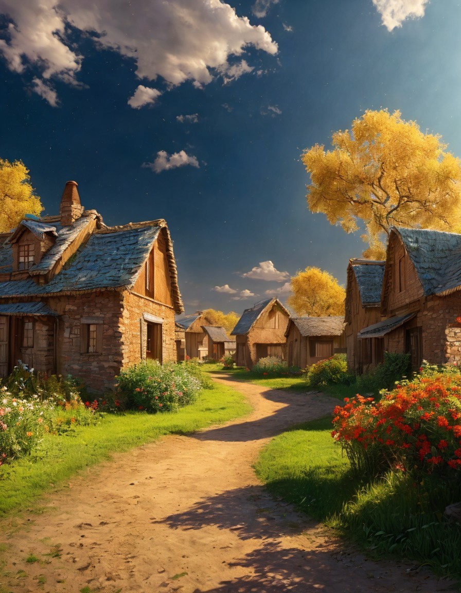 Picturesque Village with Rustic Cottages and Autumn Trees